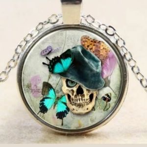 Skull w/ Hat & Butterflies Silver & Glass Necklace
